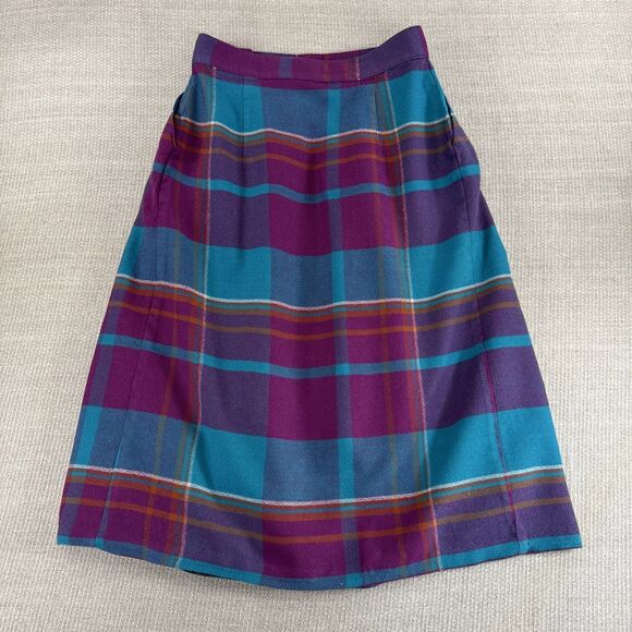 Vintage Pleated Plaid Wool Midi Skirt Purple Teal Pink Lined Fall Winter Skirt - Picture 6 of 7